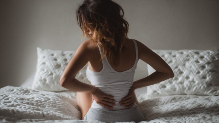 Osoba sedi na krevetu i drži se za donji deo leđa zbog bola u kičmi