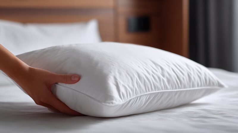 Ruka podešava ili namešta beli jastuk na krevetu u spavaćoj sobi