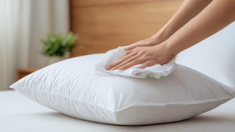 Osoba čisti beli jastuk mekom krpom na krevetu, u svetloj spavaćoj sobi