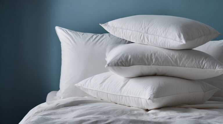 Naslagani beli jastuci na krevetu sa plavim zidom u pozadini, simbolizuju udobnost i izbor odgovarajućeg jastuka za spavanje