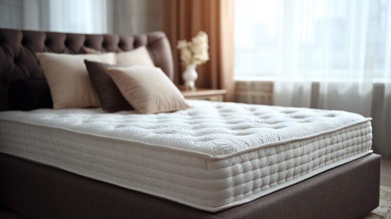 Uredan krevet sa modernim dušekom i jastucima u svetloj spavaćoj sobi