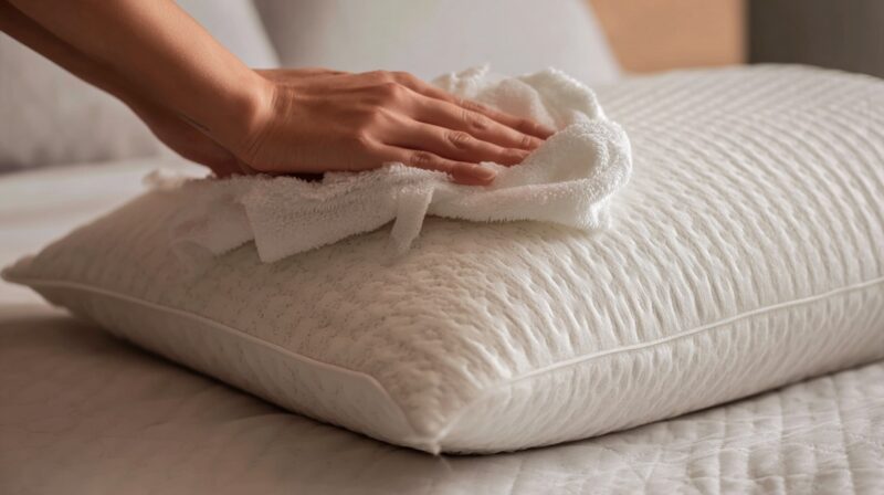 Ruka briše beli jastuk od memorijske pene mekom krpom na krevetu