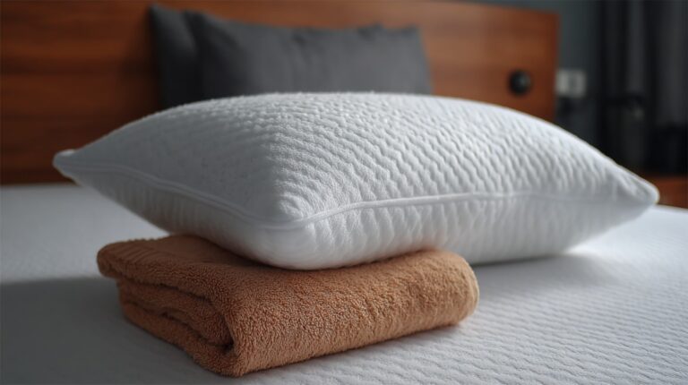 Beli jastuk od memorijske pene postavljen na smeđi peškir na krevetu