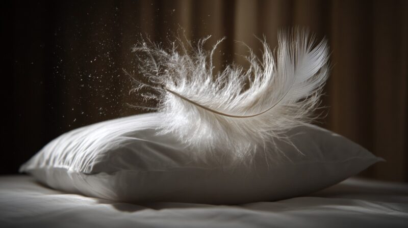 Bela perjanica lebdi iznad čistog belog jastuka u nežnom svetlu sobe