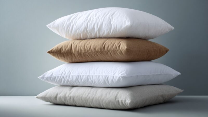 Naslagani jastuci različitih boja i tekstura koji prikazuju različite tipove materijala korišćenih u izradi jastuka